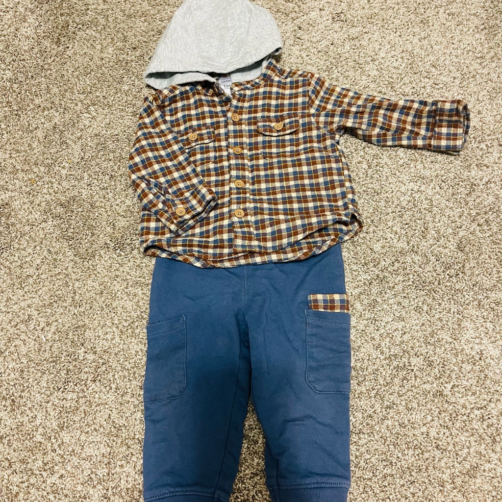 Plaid Shirt And Blue Pants Set With Hood